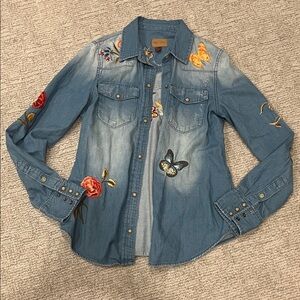 Driftwood Embroidered Denim Button-Up Shirt with Butterflies & Roses